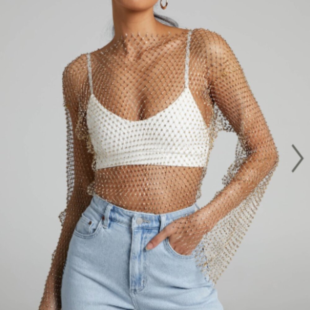 NWT Showpo Diamante Mesh Long Sleeve Top in Gold